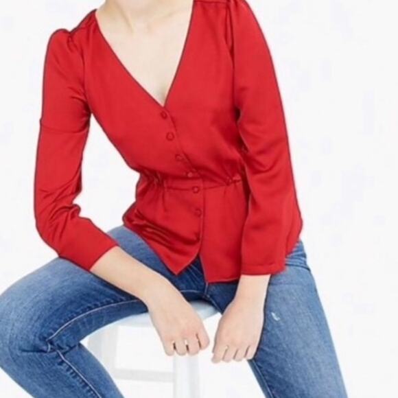 J. Crew Red Satin Peplum Crepe Top button front - Picture 2 of 10